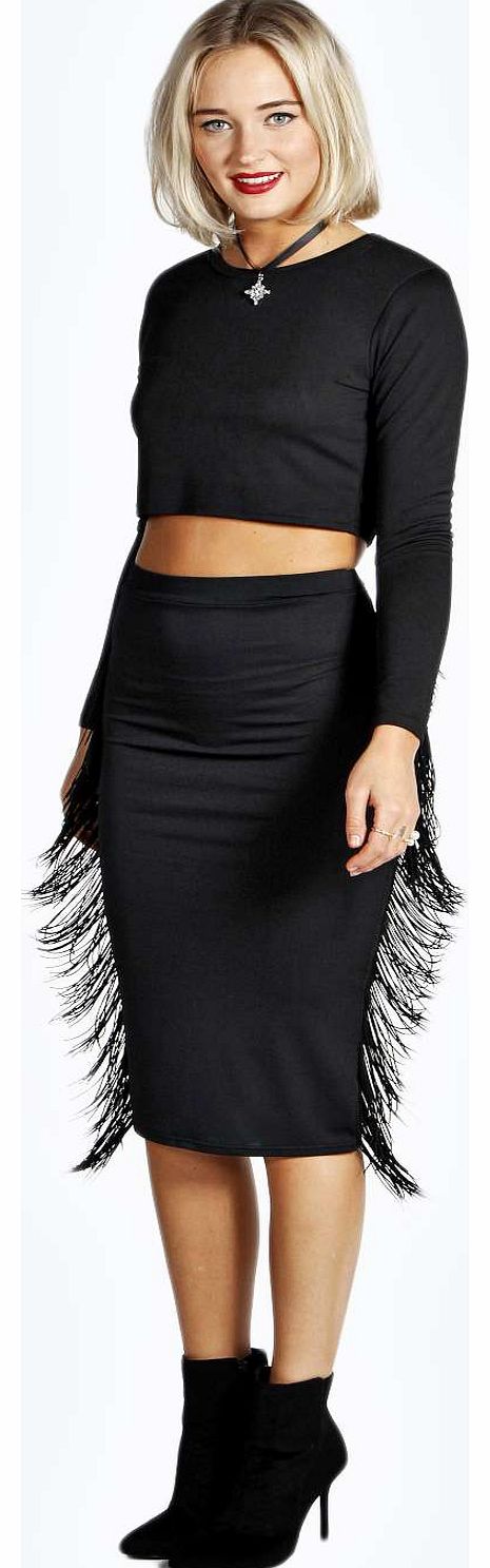 boohoo Amber Fringe Side Detail Midi Bodycon Skirt -