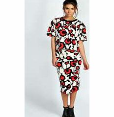 boohoo Amie Printed Crepe Contrast Band Midi Skirt -