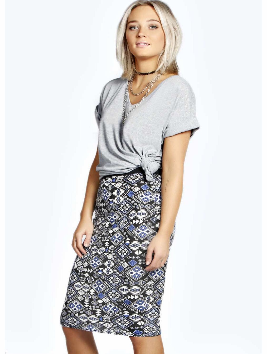 boohoo Amy Aztec Printed Midi Skirt - blue azz16880