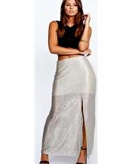 boohoo Ava Metallic Front Split Maxi Skirt - silver