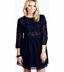 Belinda Embroidered Chiffon Skater Dress - navy