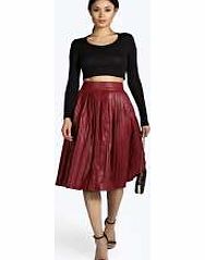 boohoo Charlotte Midi Length Pleated PU Skirt - berry