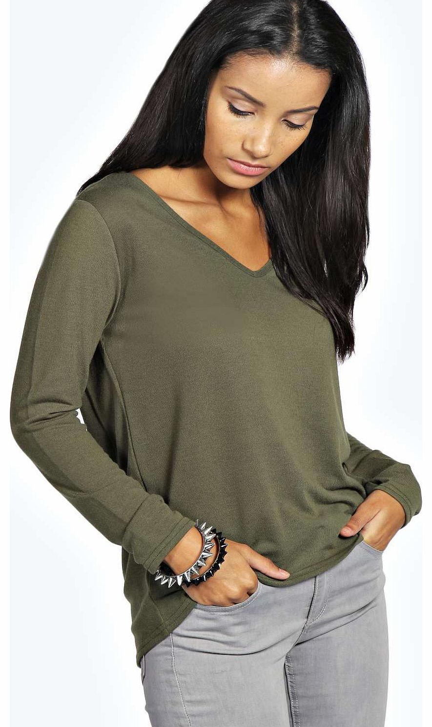 Daisy V Neck Boxy Jumper - khaki azz18750