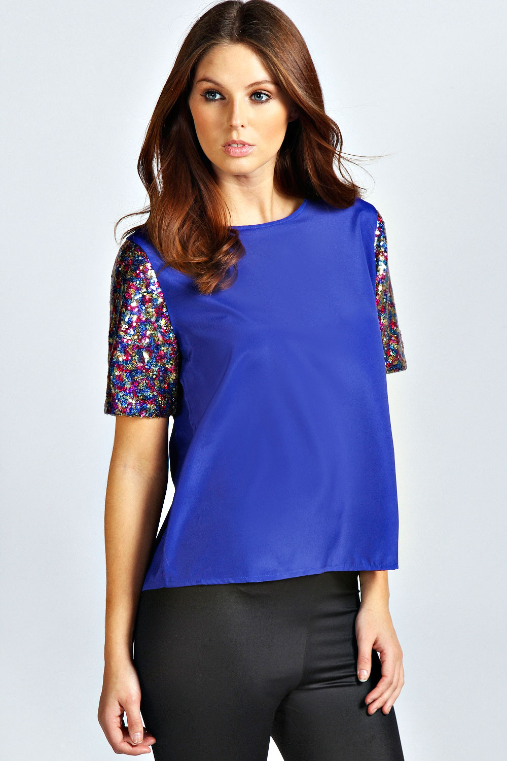 Elissa Sequin Sleeve Woven Blouse - blue