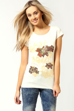 Elsie Pear Diamonte + Photo Print Flower T-Shirt