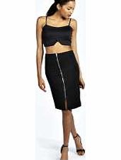 boohoo Esmie Ribbed Zip Detail Pencil Skirt - black