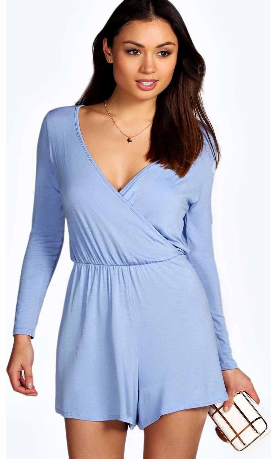 Evangaline Long Sleeve Wrap Playsuit - ice