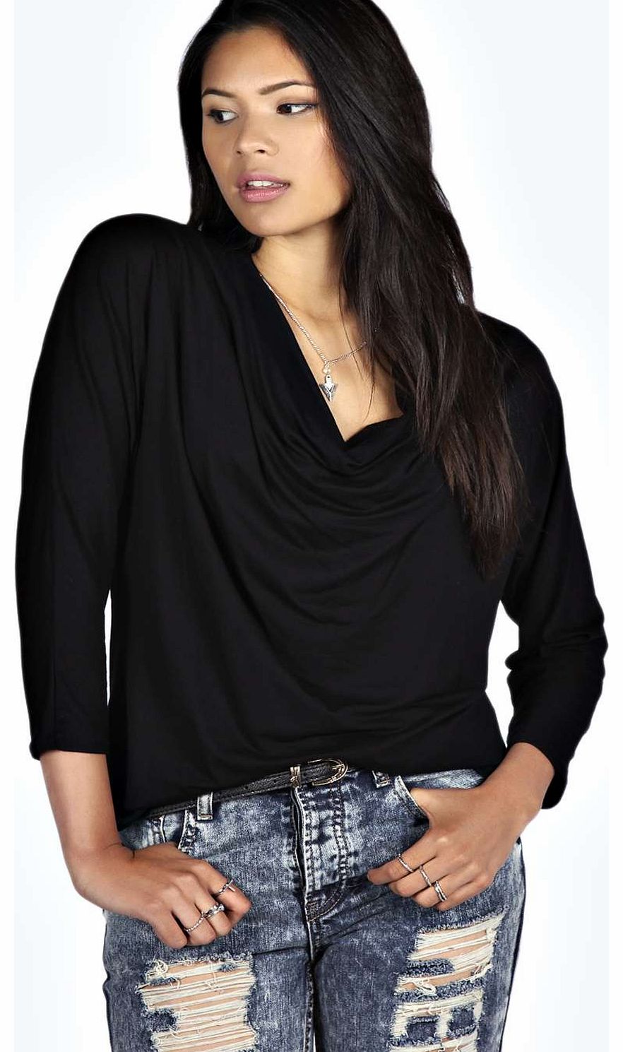 Evelyn Cowl Neck Long Sleeve Tee - black azz18700