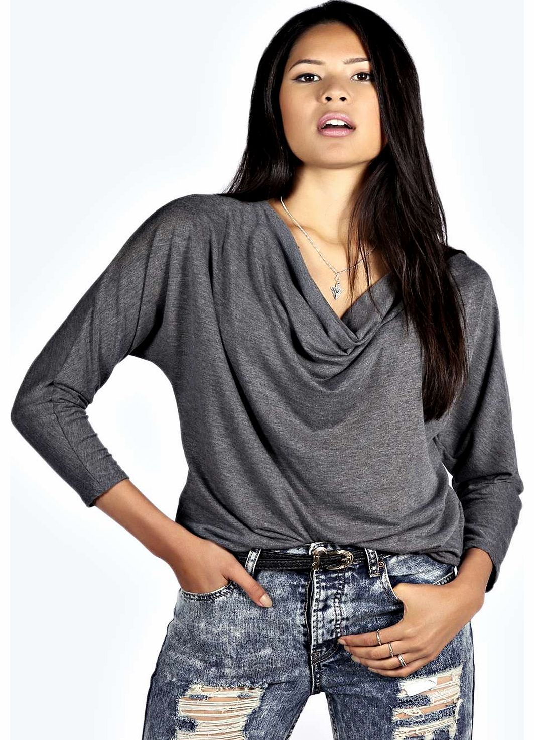 Evelyn Cowl Neck Long Sleeve Tee - charcoal