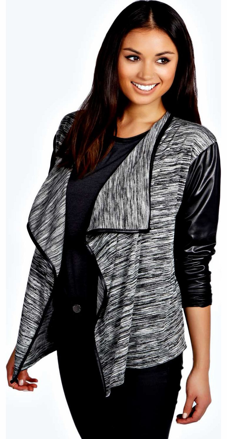 Faye Marl PU Sleeve Cardigan - charcoal azz18748