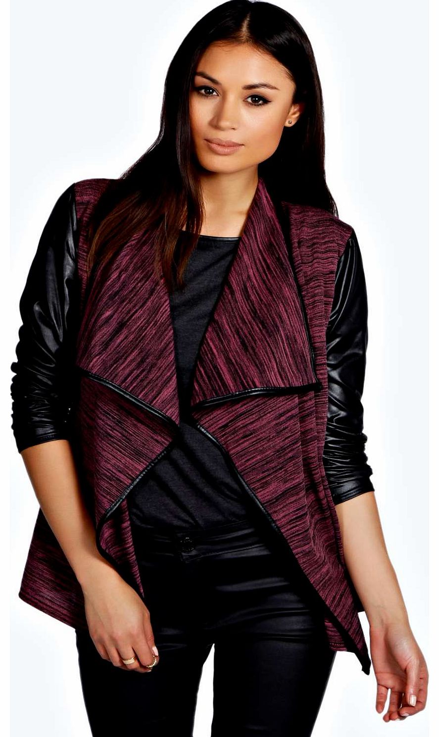 Faye Marl PU Sleeve Cardigan - wine azz18748