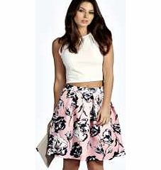 boohoo Floral Print Box Pleat Skater Skirt - blush