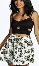 boohoo Floral Print Box Pleat Skater Skirt - yellow