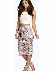 boohoo Floral Print Scuba Midi Skirt - nude azz10700