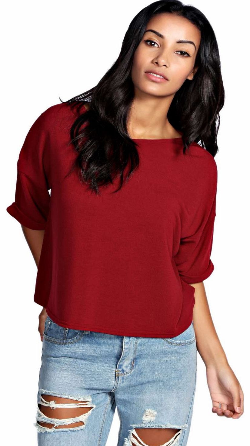 Grace Roll Sleeve Knitted Boxy Tee - wine azz18660