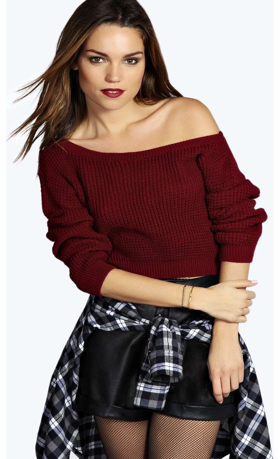 Hanna Marl Slash Neck Crop Jumper - wine azz17752