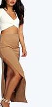 boohoo High Waist Asymmetric Hem Maxi Skirt - camel