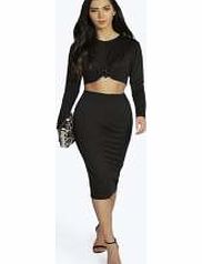 boohoo Honor Crepe Knot Top Midi Skirt Co-Ord - black