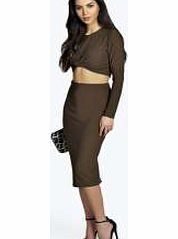 boohoo Honor Crepe Knot Top Midi Skirt Co-Ord - khaki