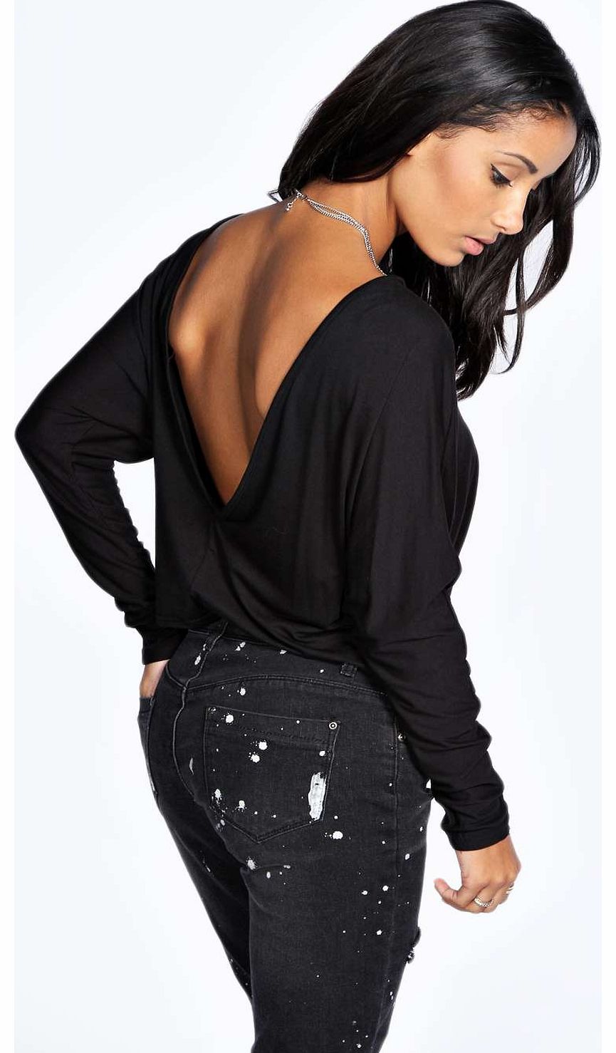 Isabelle Plunge Back Long Sleeve Top - black