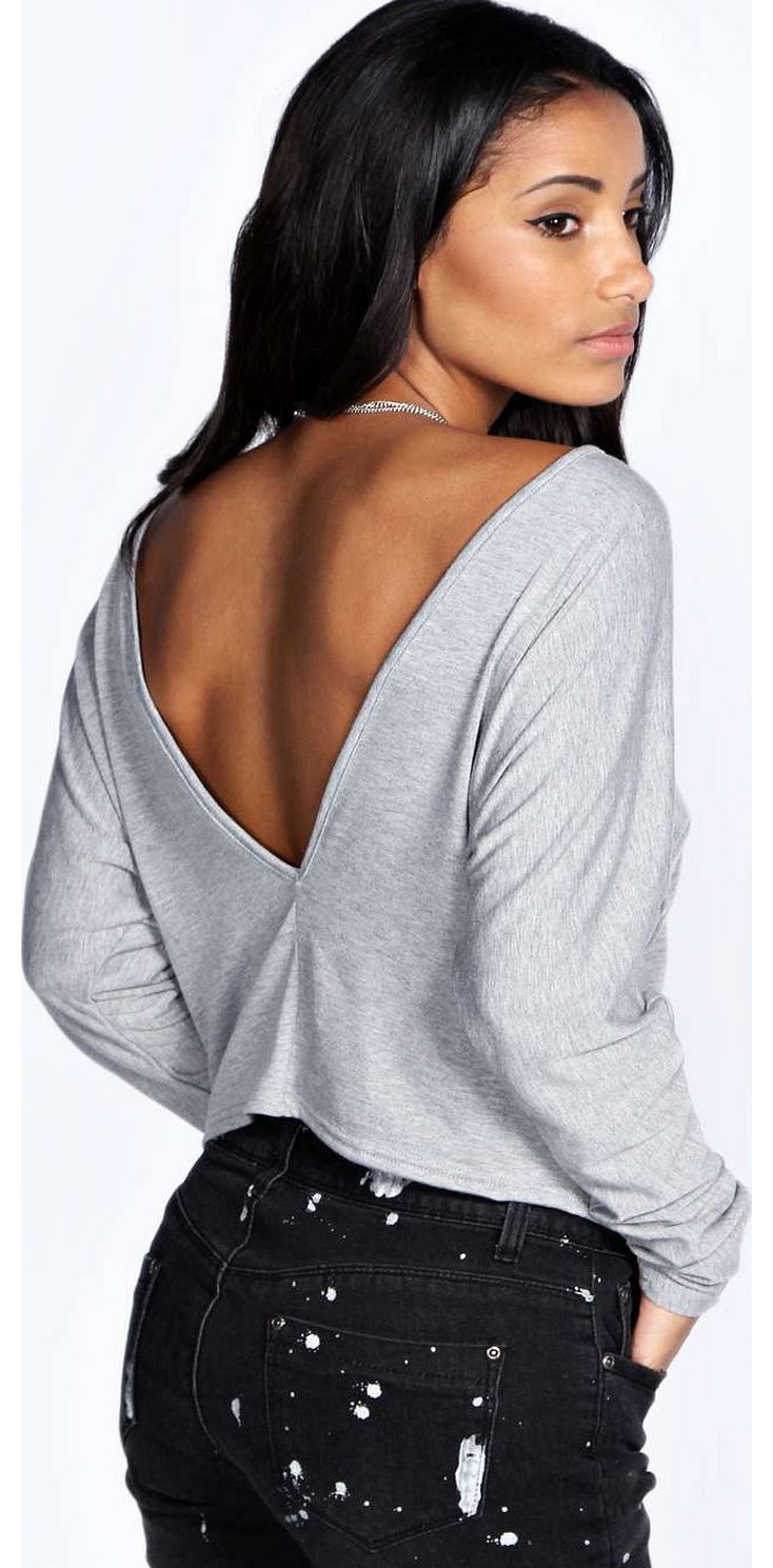 Isabelle Plunge Back Long Sleeve Top - grey