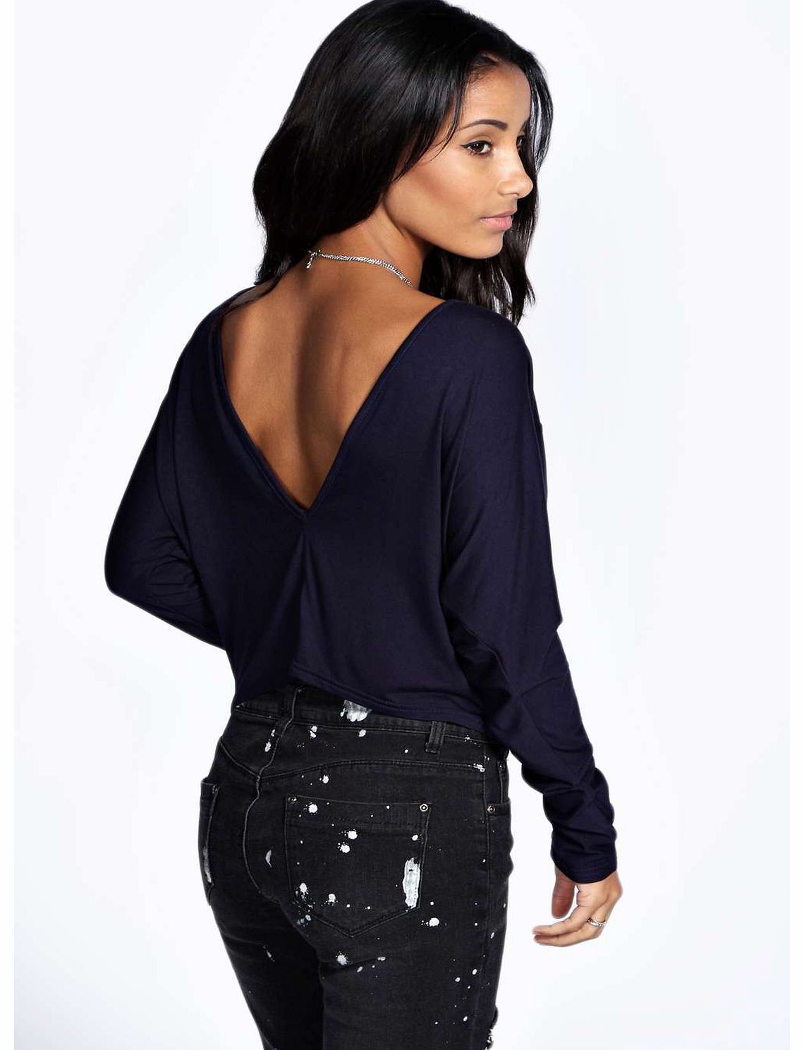 Isabelle Plunge Back Long Sleeve Top - navy