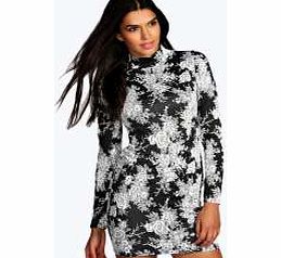 Jacquard High Neck Long Sleeve Bodycon Dress -