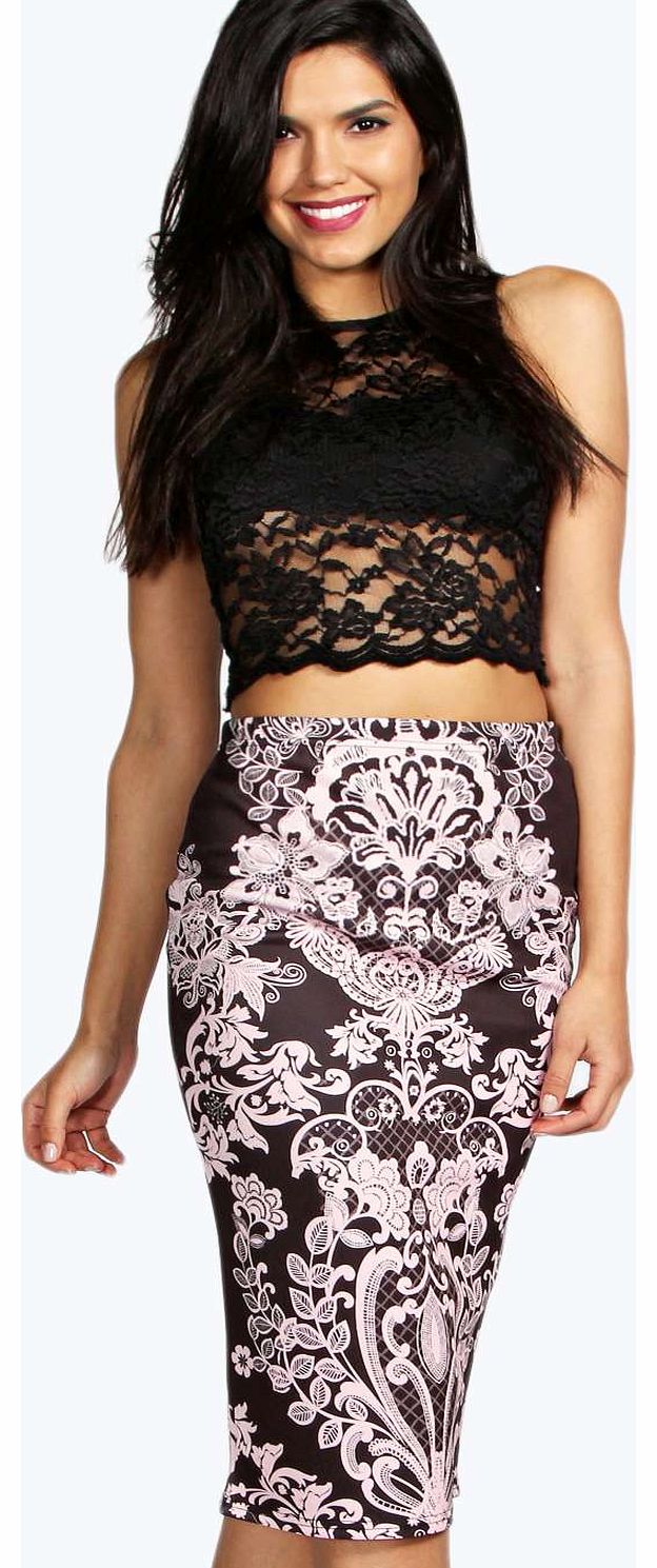 boohoo Jennie Paisley Ornate Panel Print Midi Skirt -