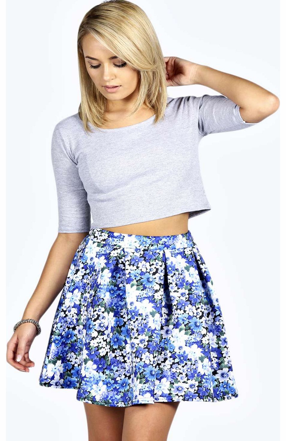 boohoo Julie Floral Print Scuba Box Pleat Skater Skirt