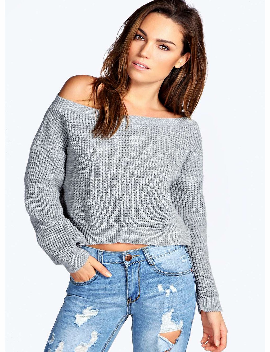 Kate Crop Slash Waffle Knit Jumper - silver