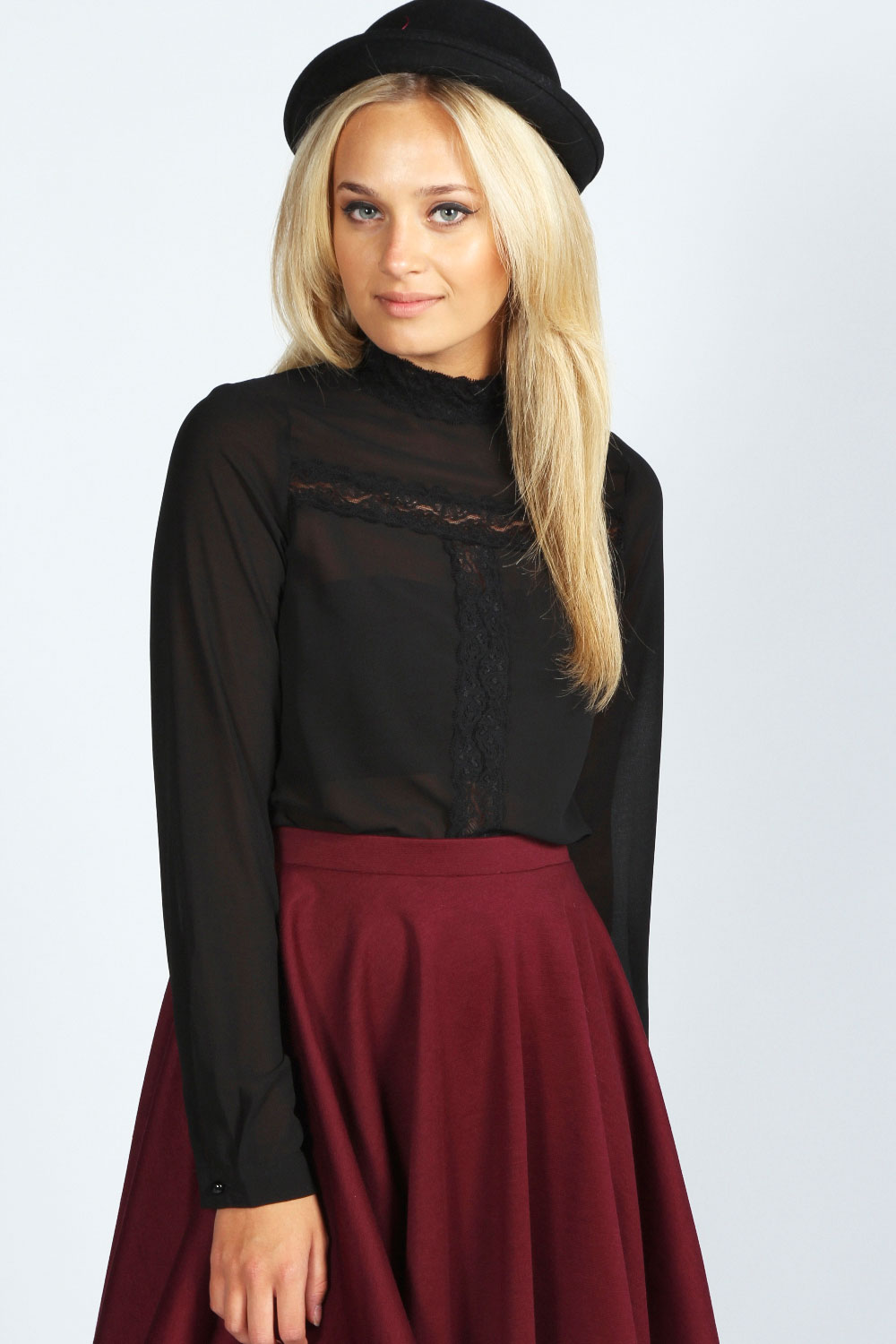 Layla Long Sleeve Lace Insert High Neck Blouse -