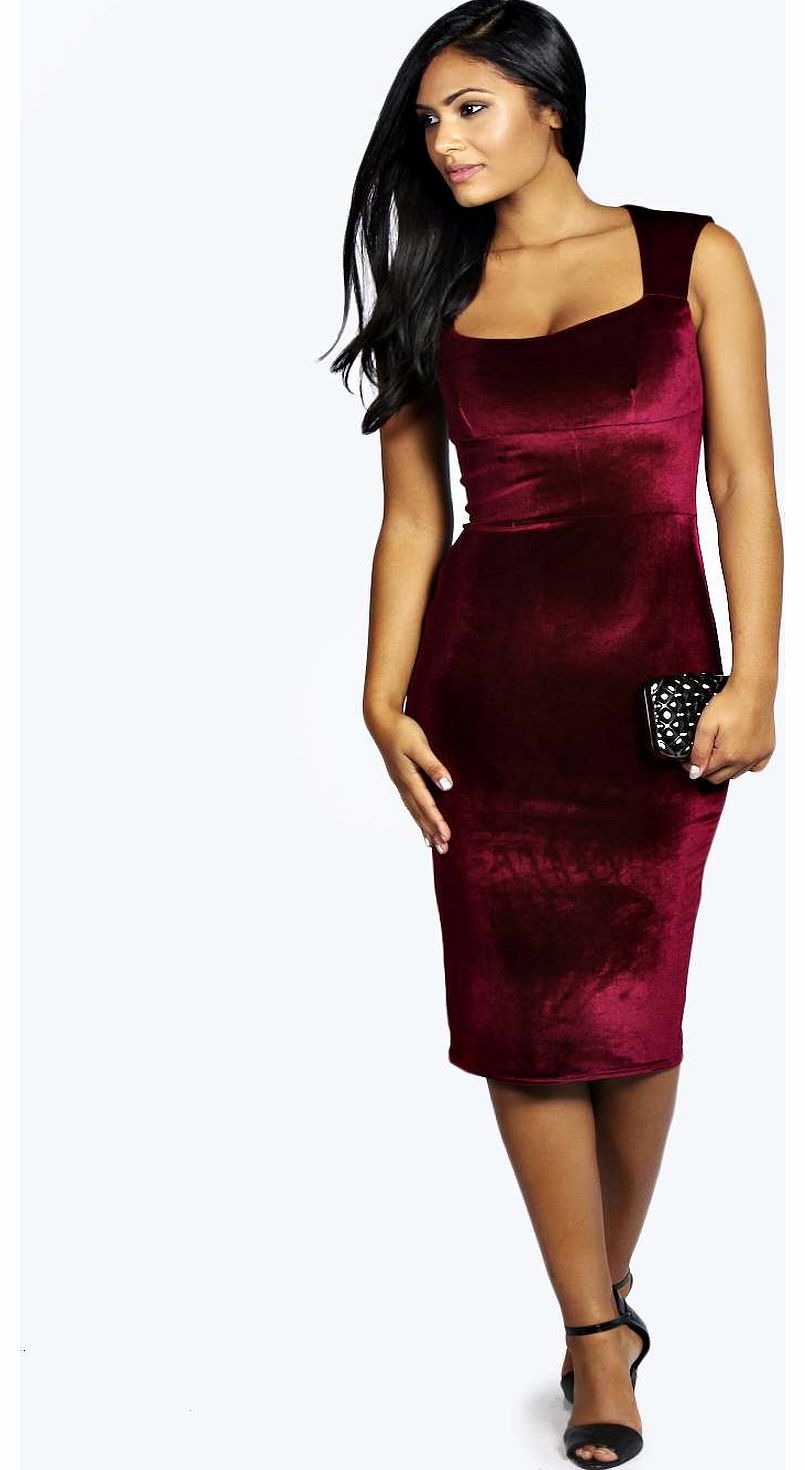 Leanne Velvet Sweetheart Midi Dress - berry