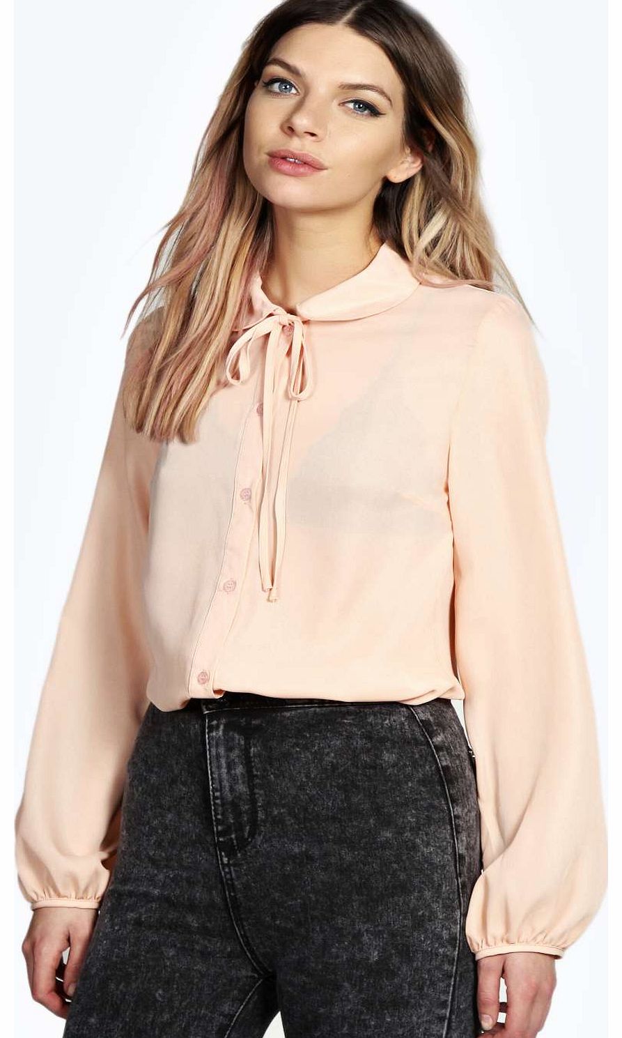 Liz Peter Pan Collar Tie Neck Blouse - nude