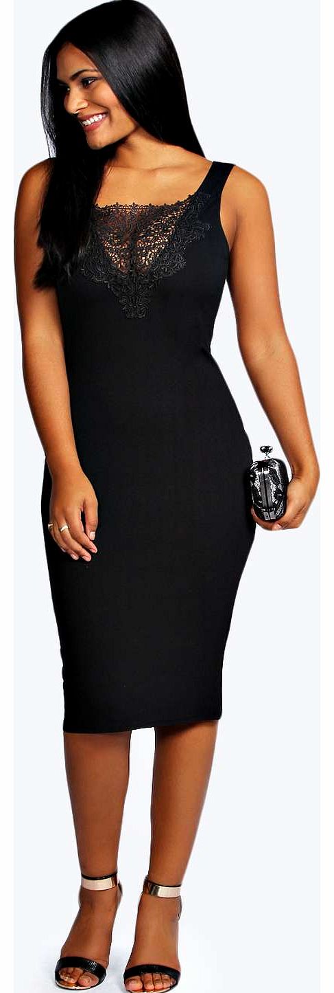 Louise Lace Insert Bodycon Midi Dress - black