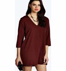 Lydia Deep V Front 3/4 Sleeve Shift Dress - plum