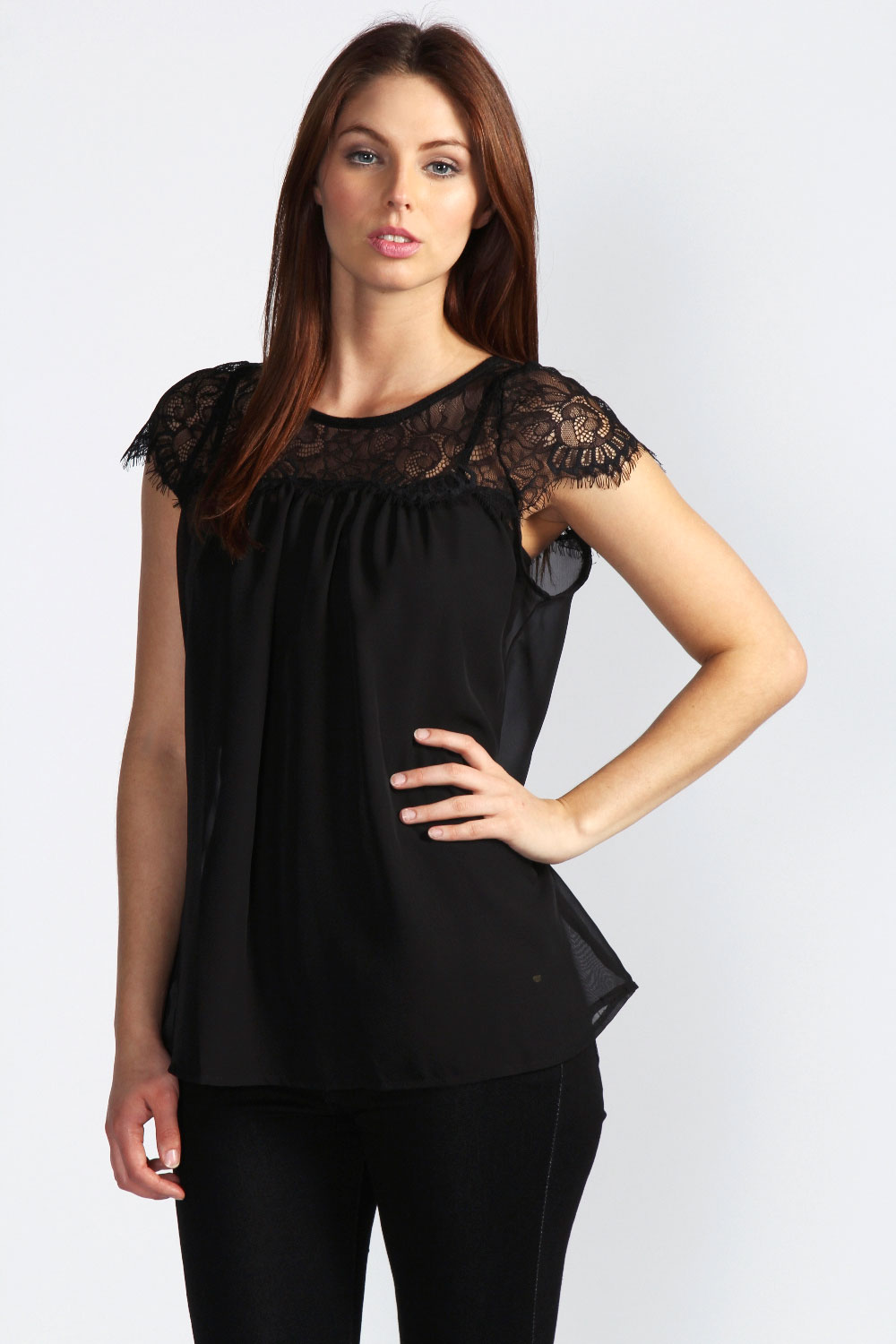 Lydia Lace Trim Chiffon Blouse - black