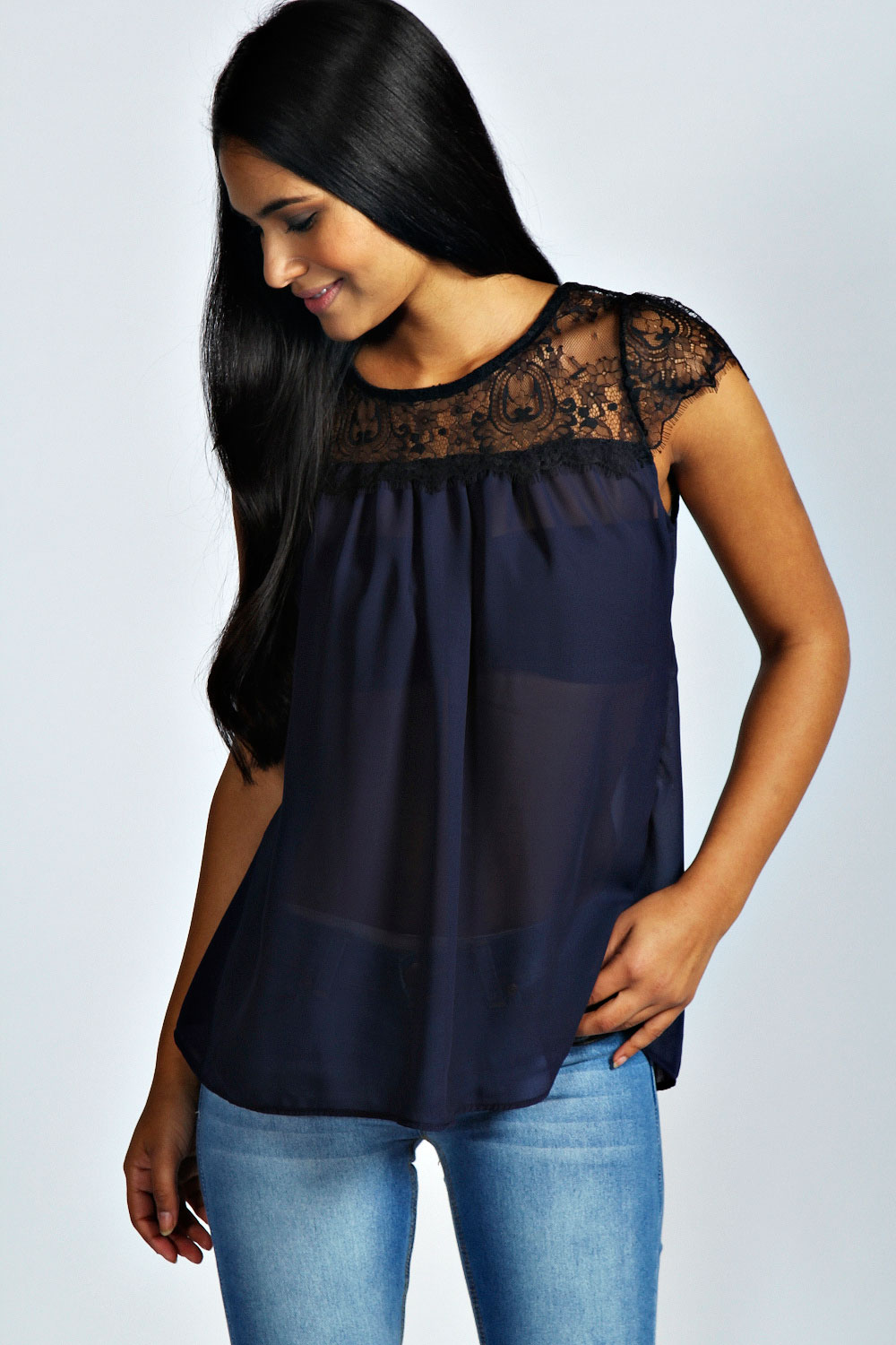 Lydia Lace Trim Chiffon Blouse - navy