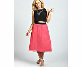 boohoo Mary Contrast Waistband Pleated Midi Skirt -