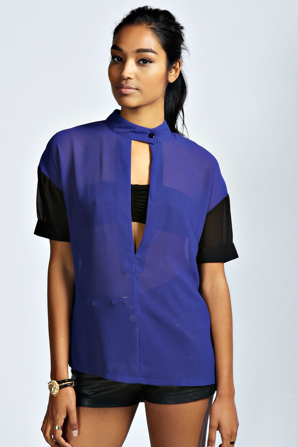 Megan Open Front Contrast Short Sleeve Blouse -