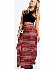 boohoo Mia African Print Front Split Maxi Skirt - rust