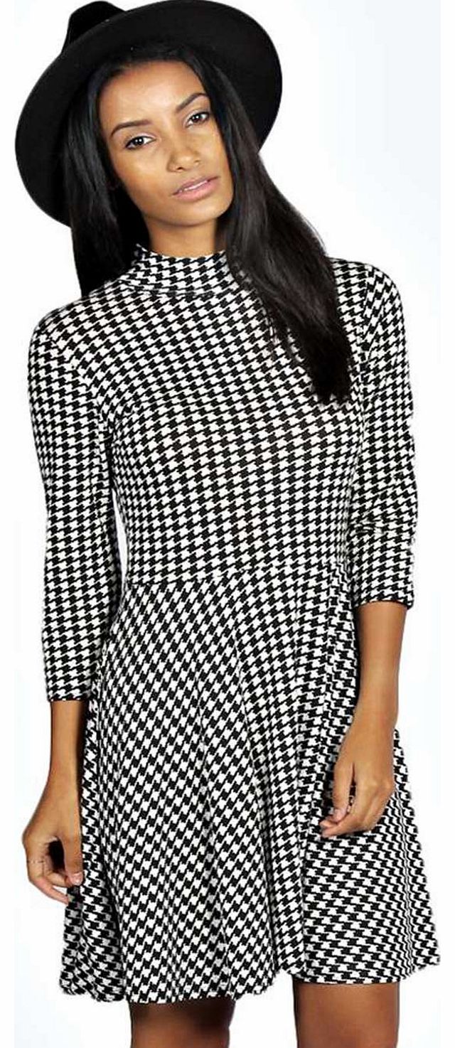 Micha Turtle Neck Dogtooth Skater Dress - black