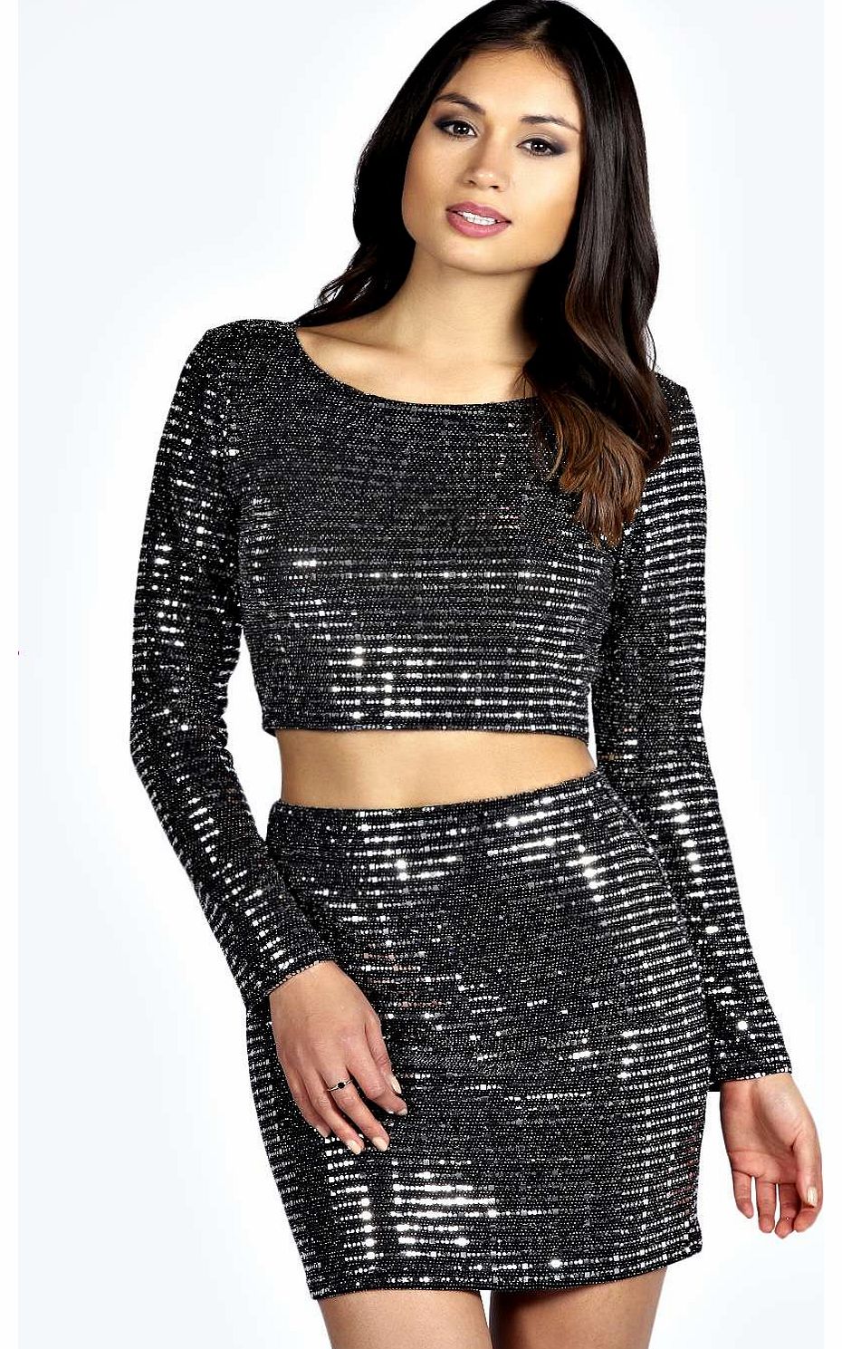 boohoo Nancy Sequin Stripe Mini Skirt - black azz19136