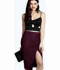 boohoo Neve Ruched Side Split Midi Skirt - berry azz26349