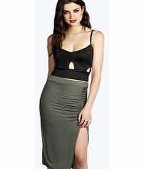 boohoo Neve Ruched Side Split Midi Skirt - khaki azz26349