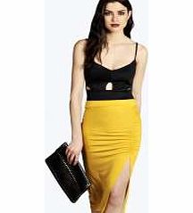 boohoo Neve Ruched Side Split Midi Skirt - mustard