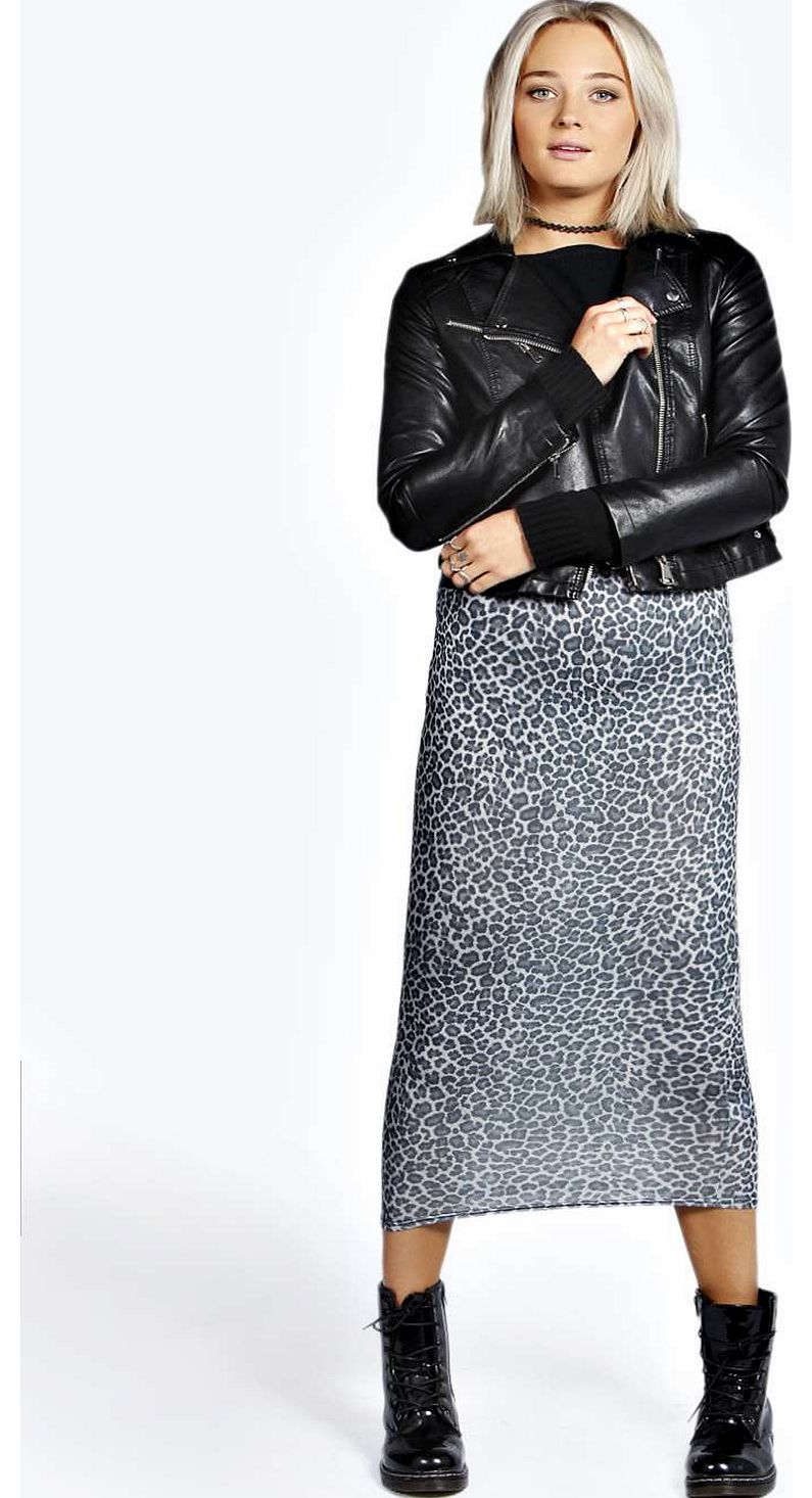 boohoo Nicola Leopard Print Midi Skirt - grey azz19134