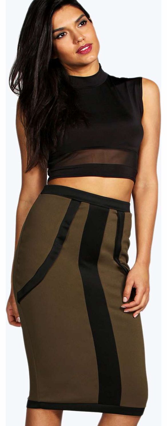 boohoo Pheobe Panelled Scuba Midi Skirt - khaki azz16885