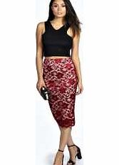 boohoo Rose Scallop Lace Midi Skirt - berry azz19832