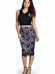 boohoo Rose Scallop Lace Midi Skirt - navy azz19832