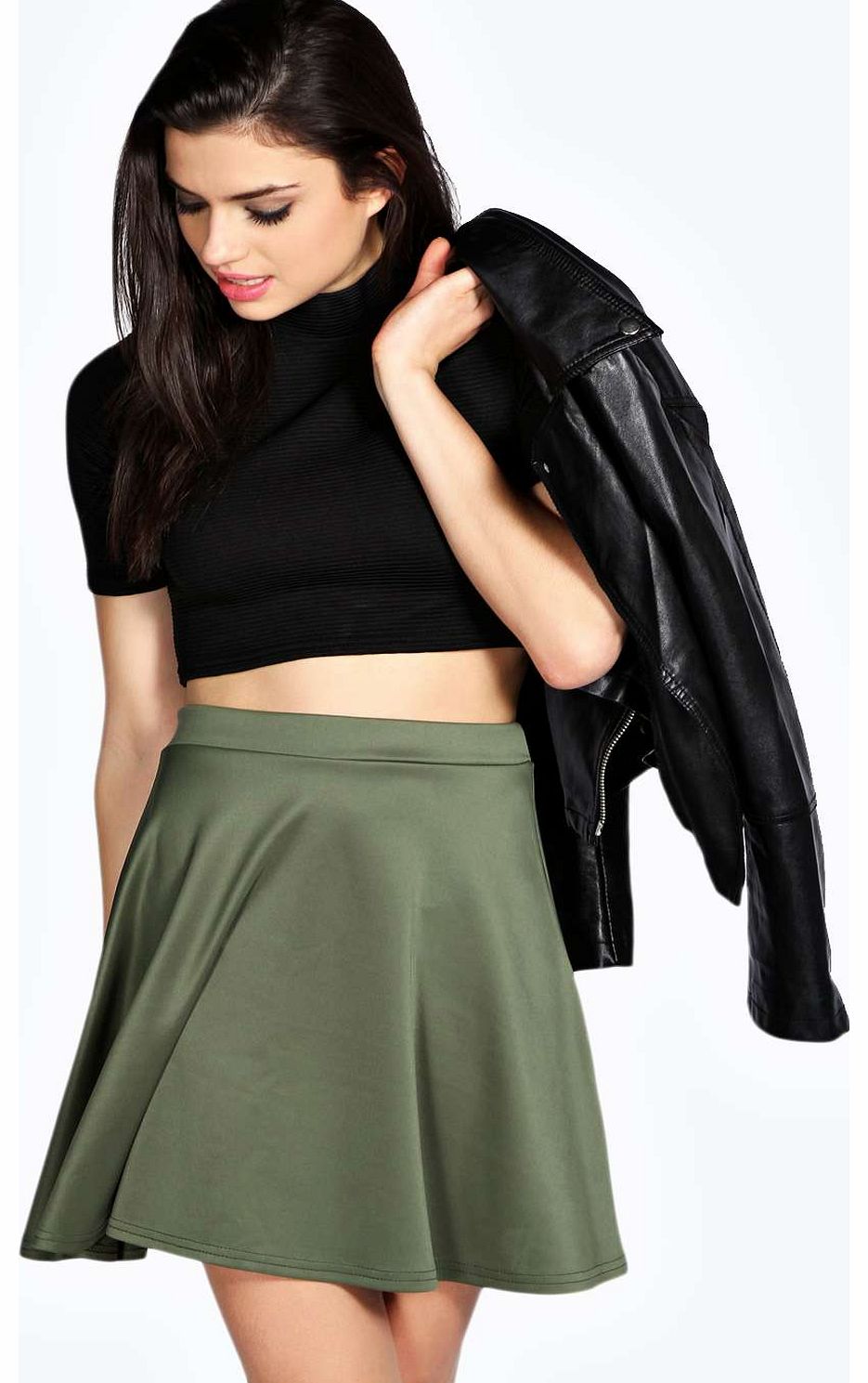 boohoo Rosie Full Circle Scuba Skater Skirt - khaki